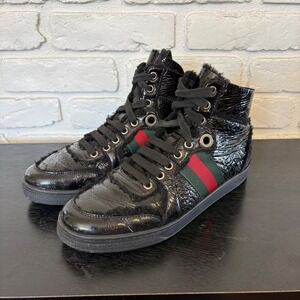 Gucci Women's EU 37, US 7 High Top Patent Lace Up Sneaker With Shearling